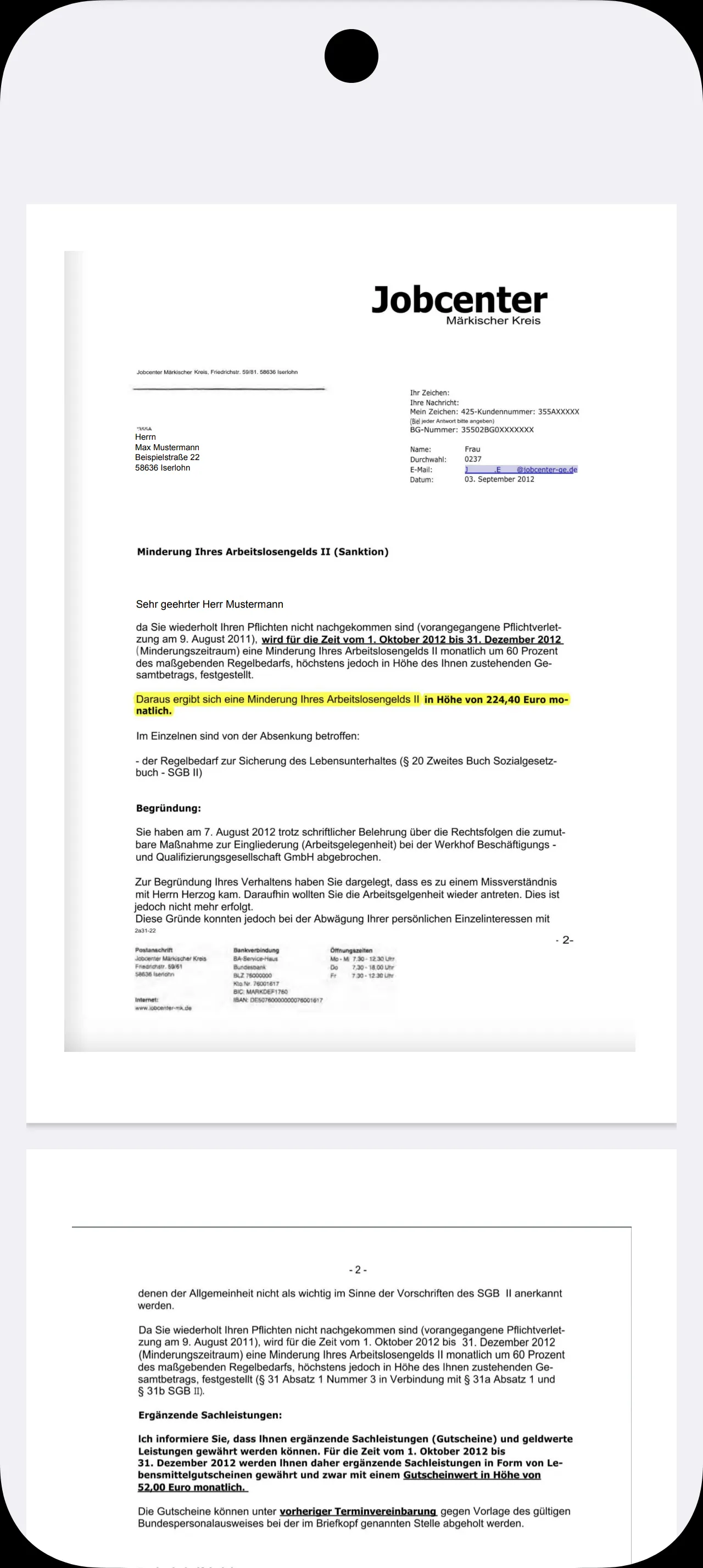 Exemplo de carta oficial (notificação do Jobcenter) – é isso que você fotografa no app.